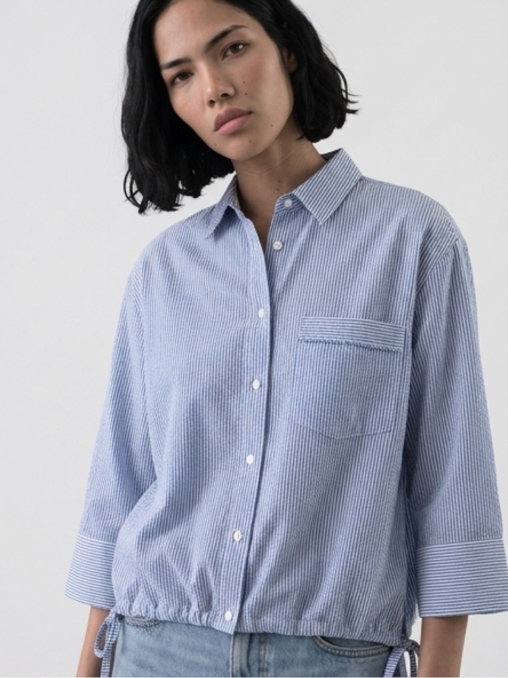 Melissa Nepton Light Blue Pinstripe Button-Down Shirt 100% Linen